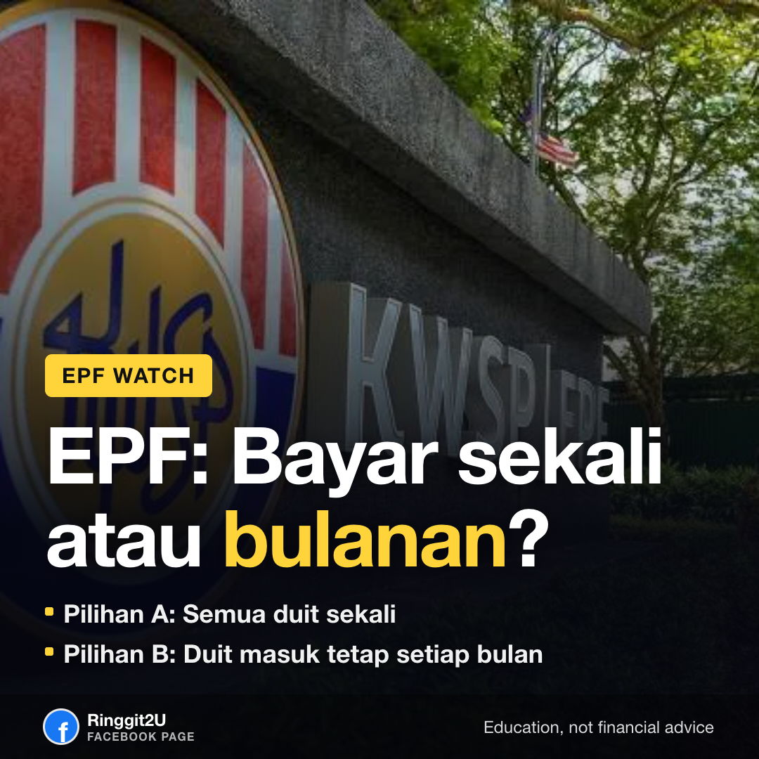 Panduan visual: pencen KWSP seumur hidup vs penarikan duit sekali umur 55, dengan pecahan akaun 75/15/10 dijelaskan.