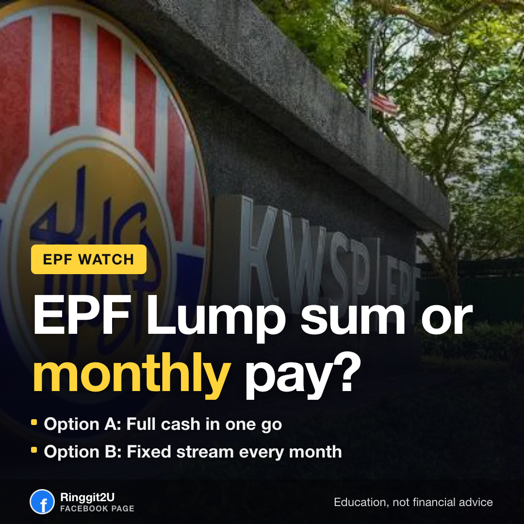 Visual guide: EPF lifetime pension vs lump-sum withdrawal at 55, with the 75/15/10 account split explained.
