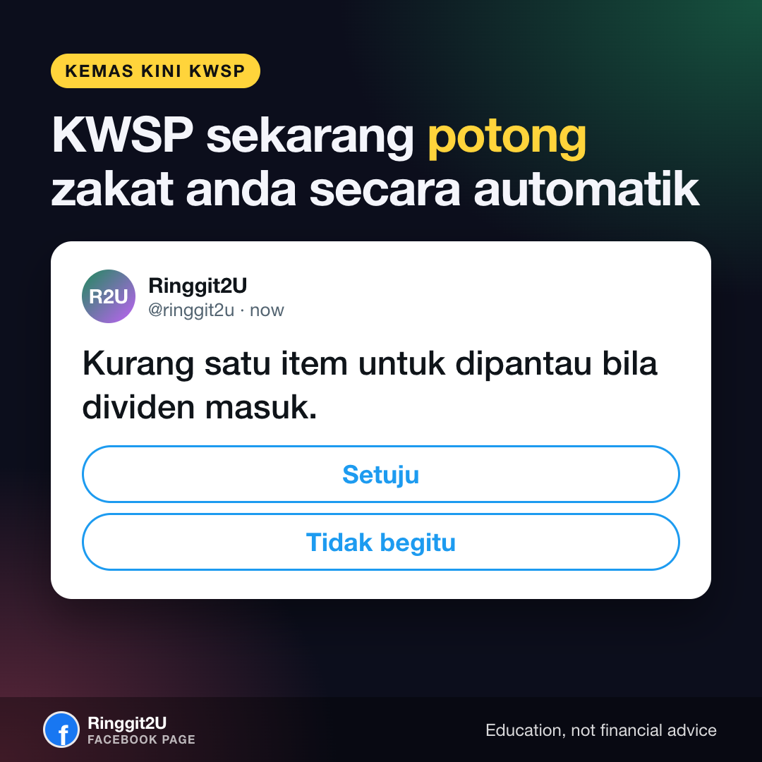 Cerita visual menerangkan potongan zakat baharu EPF Simpanan Shariah dari dividen, menunjukkan apa yang berubah dan apa yang kekal sama.