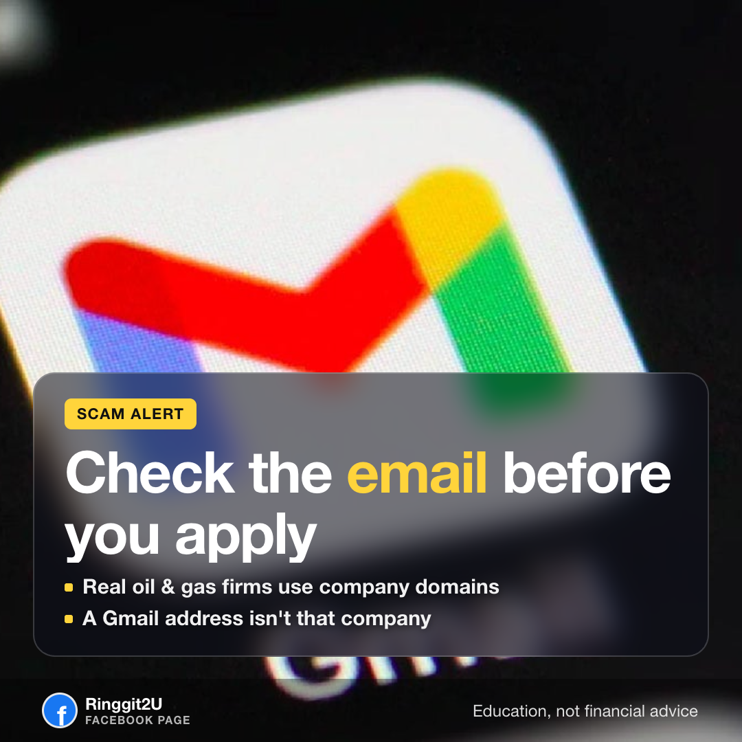 Visual guide showing how to spot a fake oil and gas job offer using a Gmail address