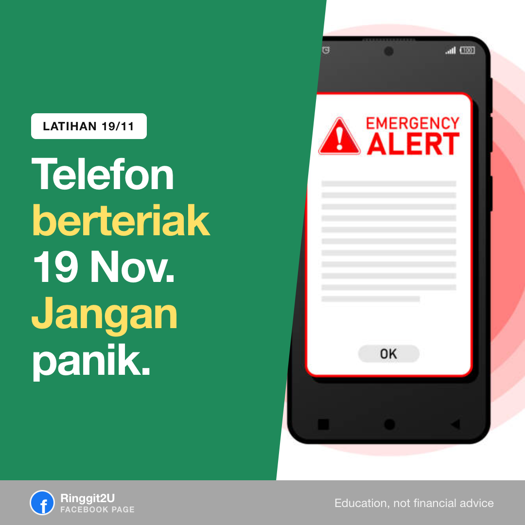 Telefon pintar memaparkan notifikasi amaran Cell Broadcast kecemasan dengan latar belakang jalan Malaysia yang dinaiki air