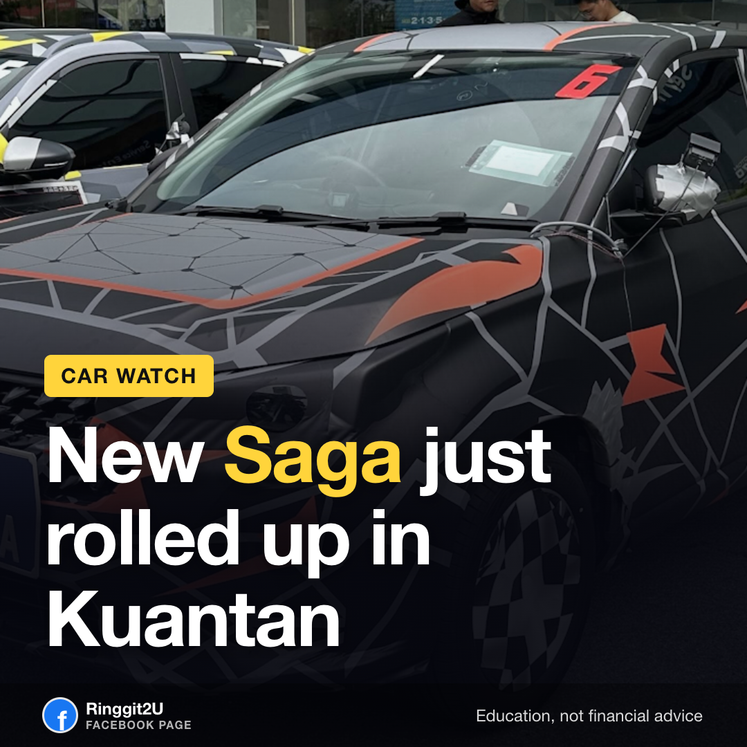 A row of camouflaged Proton Saga Cross AMA02 prototypes at a Kuantan dealership, with no confirmed price or launch date.
