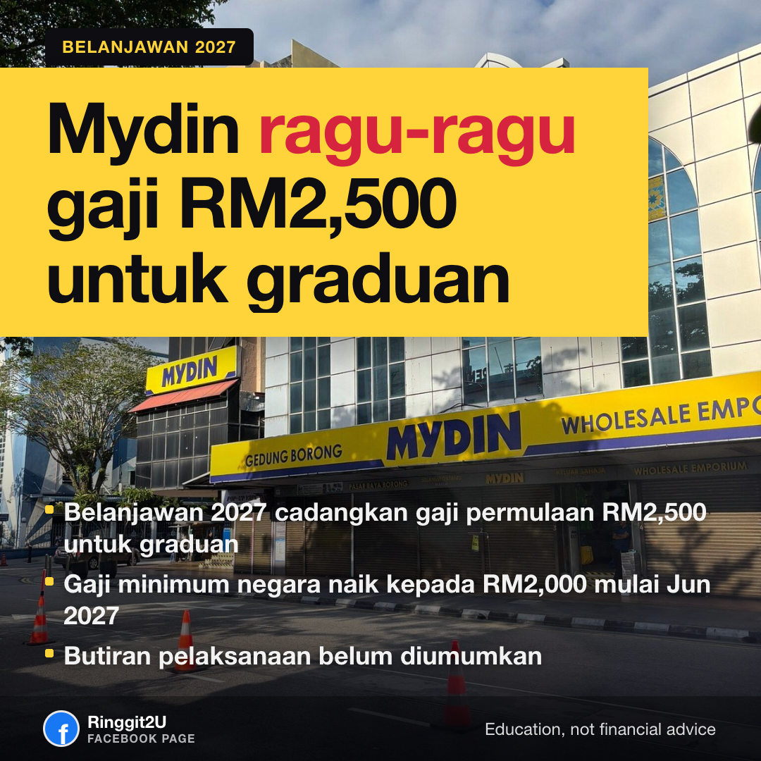 Papan depan hypermarket Mydin dengan troli belian tersusun di luar