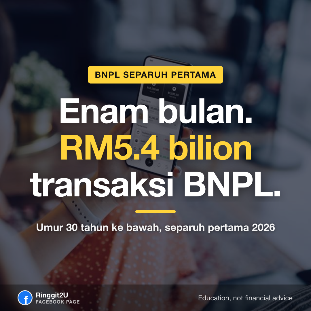 Seorang belia Malaysia menatal pilihan beli sekarang bayar kemudian di aplikasi beli-belah, dengan resit kecil menunjukkan RM82