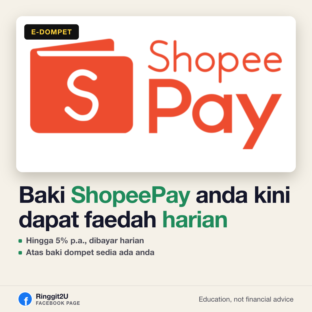 Skrin telefon menunjukkan baki e-wallet digital dengan faedah harian kecil yang diserlahkan