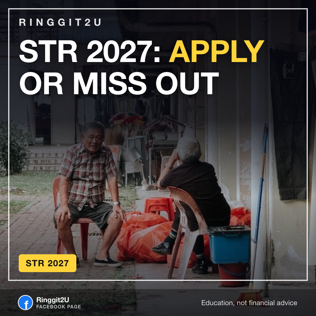 Visual step-by-step guide to applying for STR 2027 and SARA 2027 online at LHDN, with payout tables and application instructions