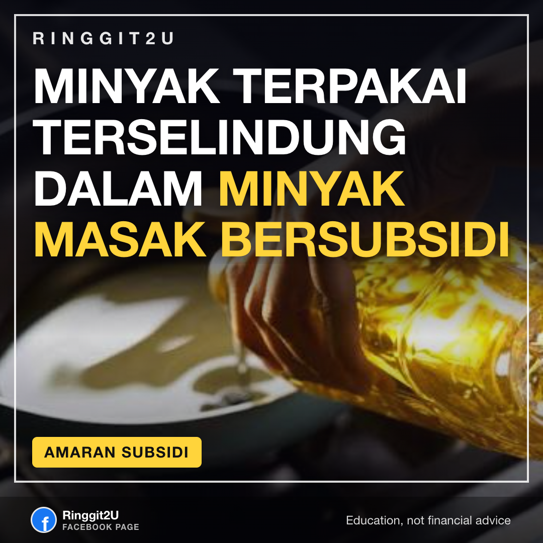 Botol-botol minyak masak di rak kedai, mewakili bekalan minyak masak bersubsidi di Malaysia
