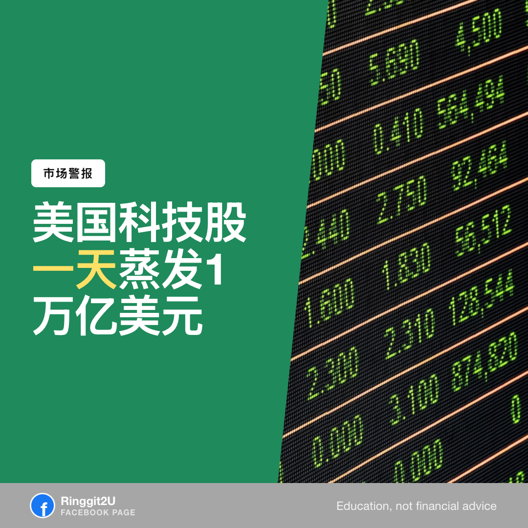 交易大厅内股票行情屏显示红色数字,美股科技股单日蒸发1万亿美元